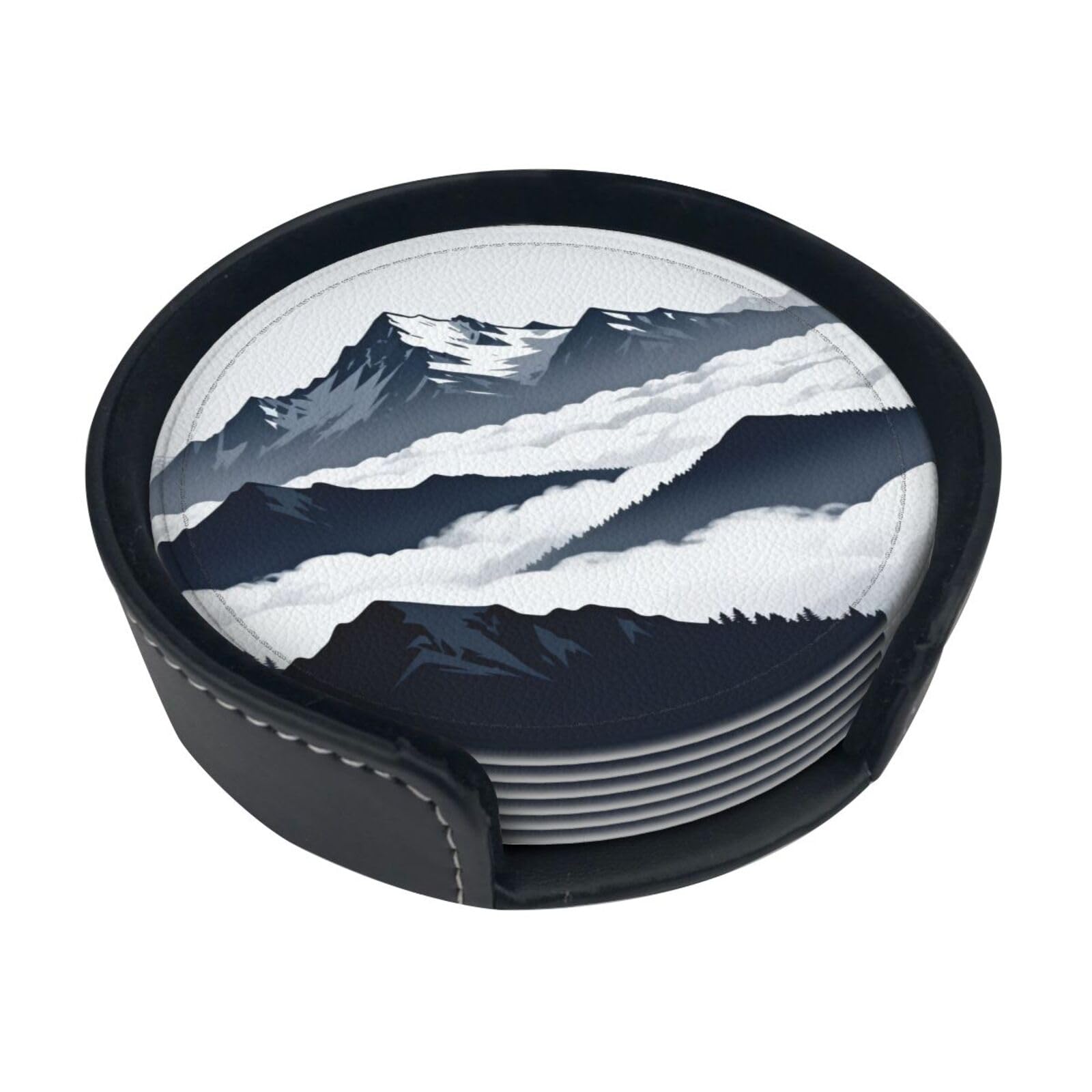 Cntdbu White Snow Mountain Peak Leather Coasters Set Of 6-Pu Leather Drink Mats For Table, Heat Resistant Round Coasters With Holder