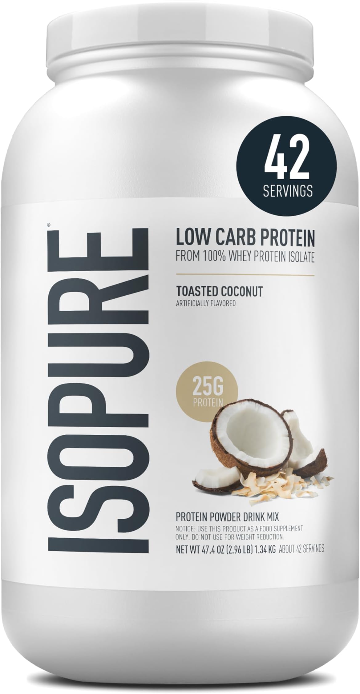 Isopure Low Carb 100% Pure Whey Isolate Protein Powder, Gluten Free, With Vitamins, Toasted Coconut, 25g Protein Per Serving, 3 Lbs, 42 Servings (Packaging May Vary)