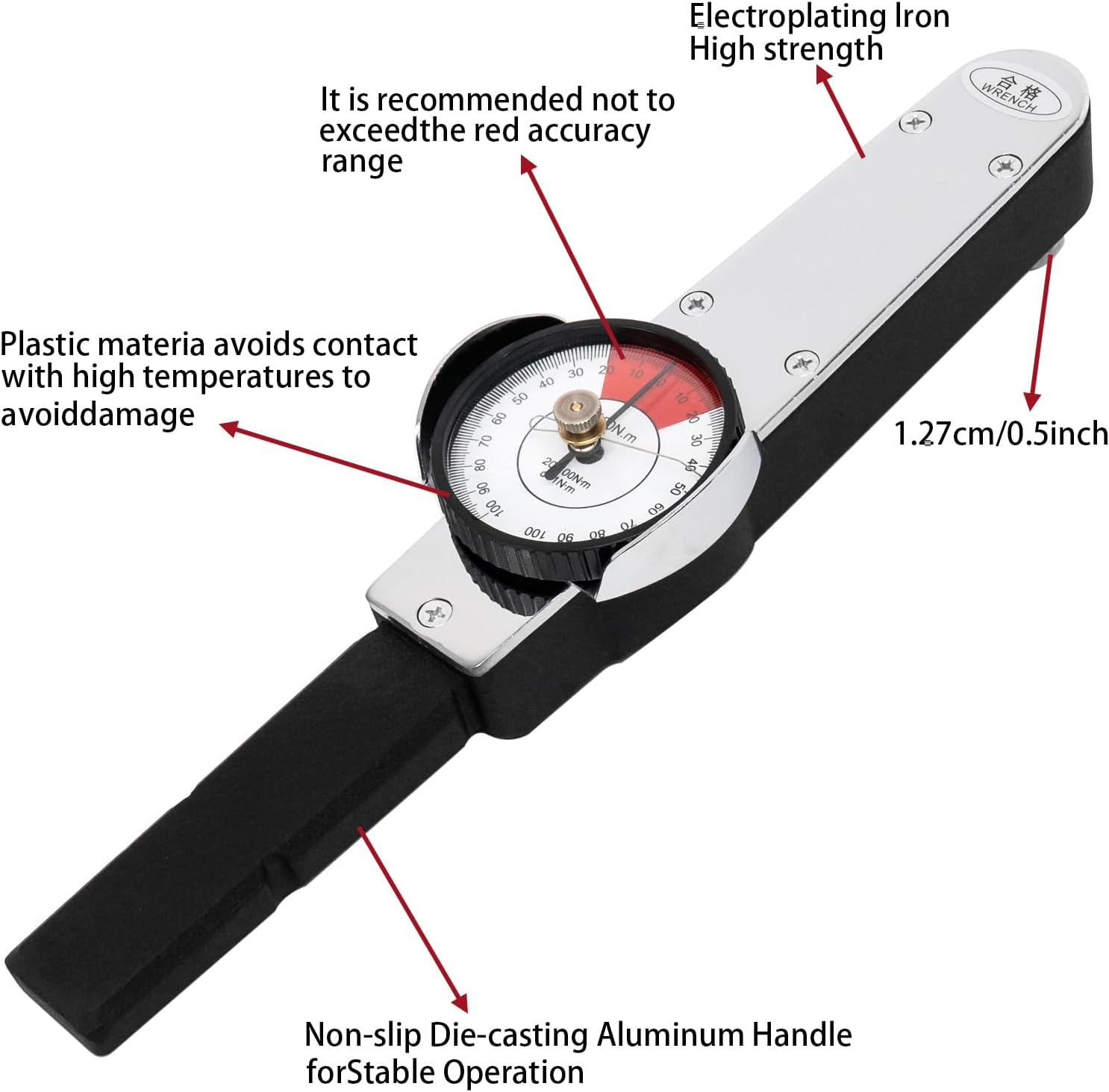 Dial Indicator Torque Wrench, 2-Direction Cursor Spanner Wrench 0-100 N.m, 1/2 Inch Drive Indicating Torque Meter for Auto Assembly Torque Testing