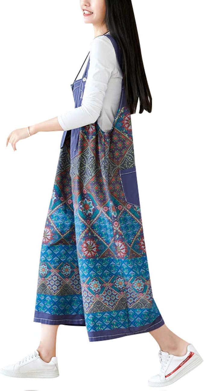 Women's Printed Wide Leg Long Jumpsuits Denim Bib Overall