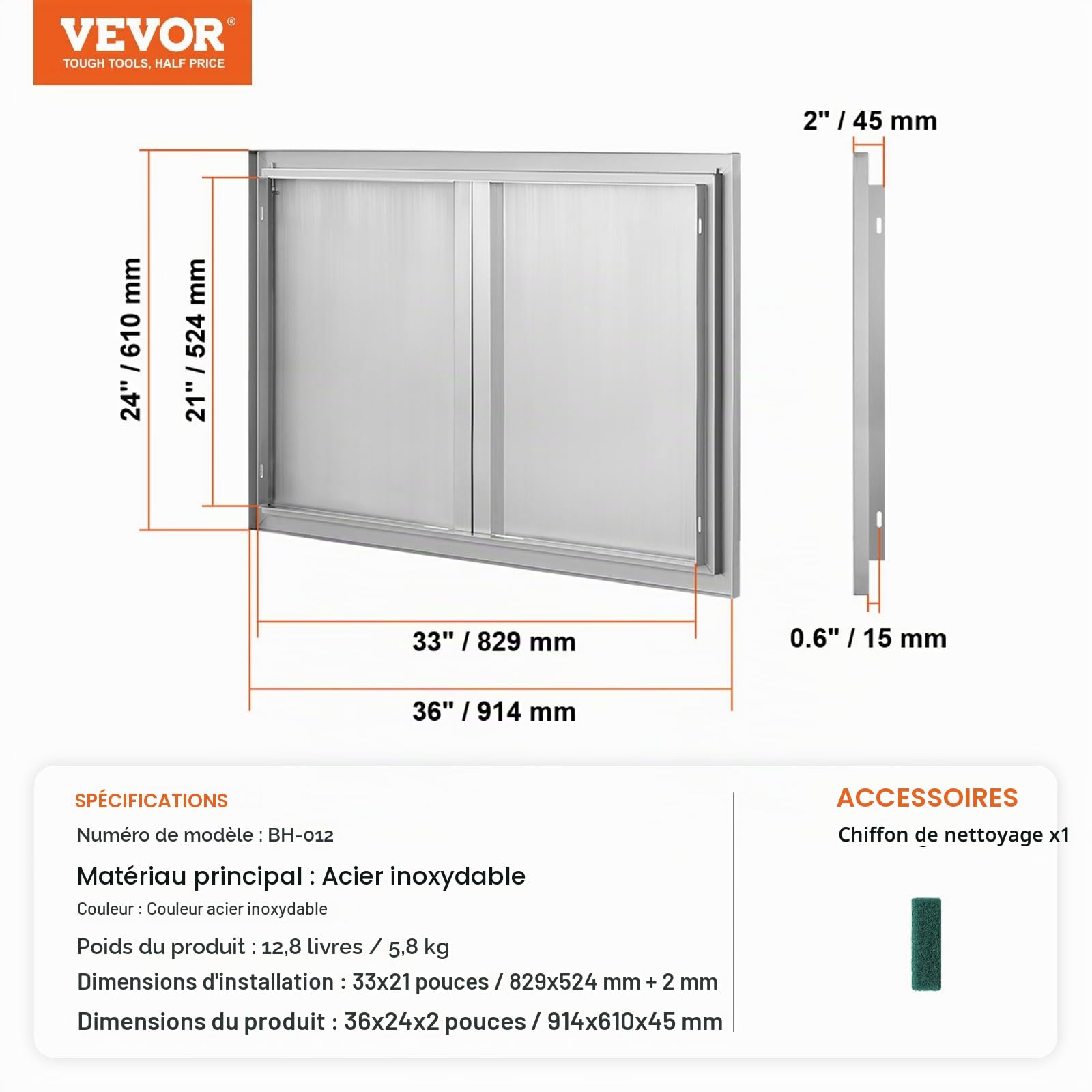 VEVOR Porte d'Accès pour Barbecue Double 914x610x45 mm Inox Poignée Encastrée