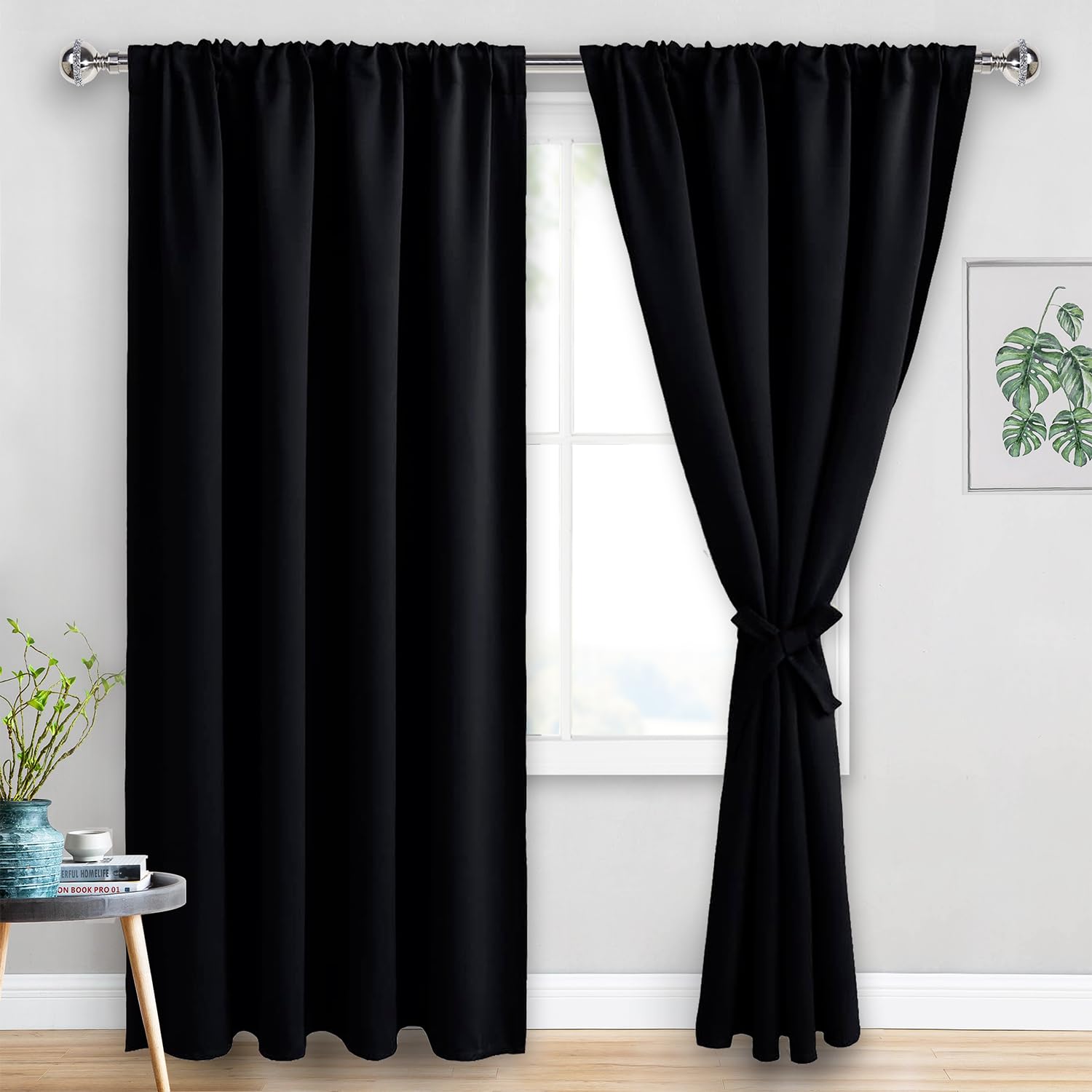 JIUZHEN Blackout Curtains for Bedroom - Thermal Insulated Room Darkening Rod Pocket Curtains for Living Room, Set of 2 Panels with Tiebacks, 60 x 96