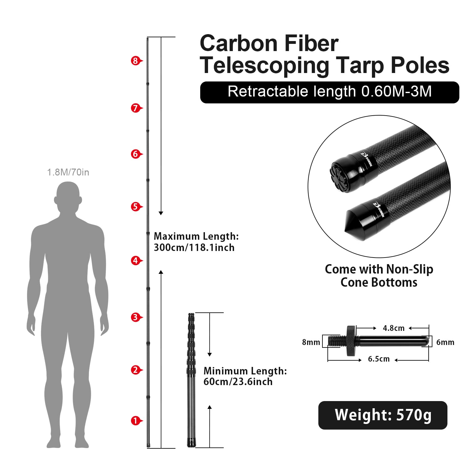 DOBEN Fibra de Carbono Barras telescópicas, Juego de 2 Palo Toldo para Tienda de campaña - Barra telescópica para Tiendas de campaña, toldo – Barra de Lona Ultraligera – Barra para fijación al toldo