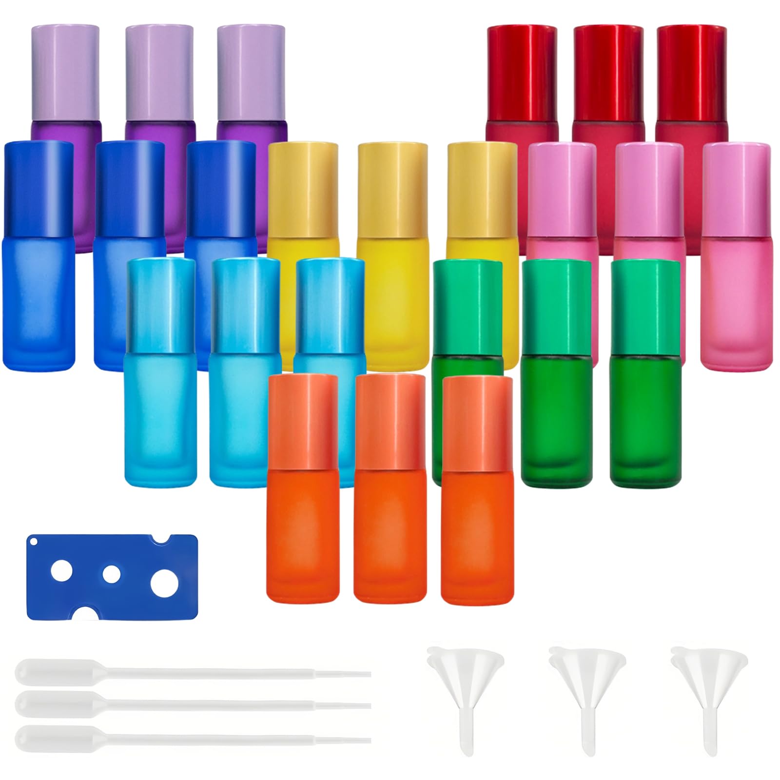 Roll On Botellas de cristal para aceite esencial, 24 unidades, vacías, 5 ml, multicolores, con bolas de rodillo de acero inoxidable y accesorios para aceites esenciales, perfume, masajes