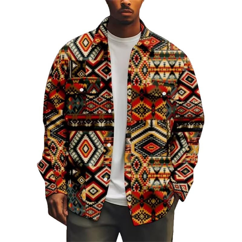 Mannen Casual Lange Mouw Button Down Flanellen Shirt Jas Etnische Stijl