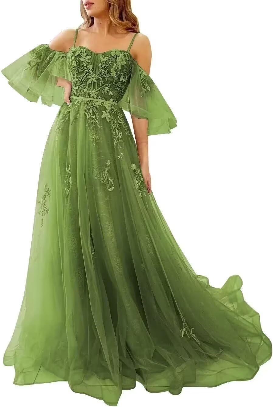 YUAOHUANG Lace Applique Tulle Prom Dresses Off Shoulder Puffy Sleeve Wedding Dress Long Women Sweetheart A Line Gowns