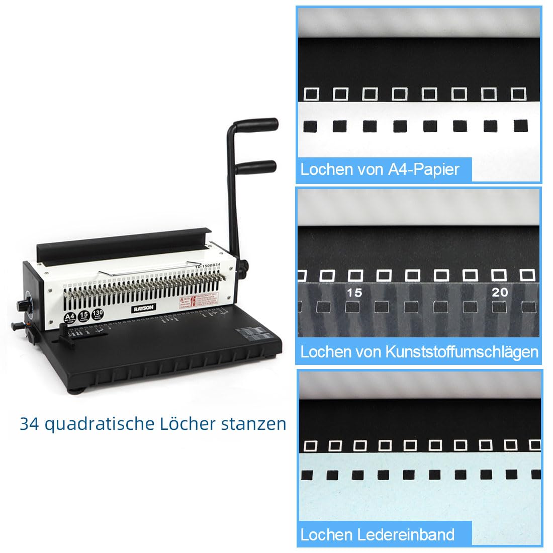 RAYSON Drahtbindegerät, 34 Löcher, 130 Blatt, TD-1500B34 | Robuste Metallkonstruktion, 34 Herausnehmbare Stanzmesser, Kostenloses Bindematerial im Lieferumfang enthalten