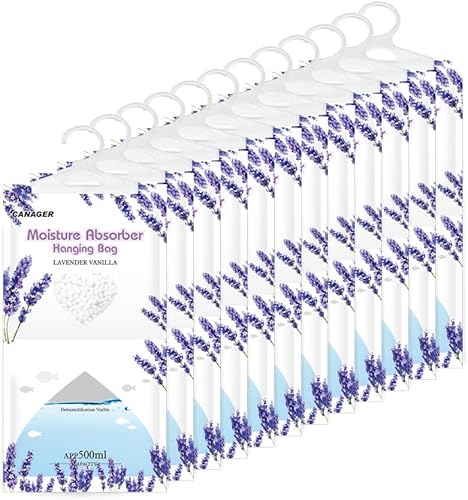 CANAGER Absorbedor de humedad, paquete de 12, bolsa de humedad colgante de vainilla lavanda, deshumidificadores y desodorantes para el hogar, el