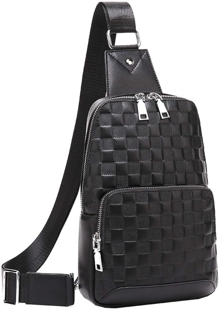 Genuine Leather Sling Bag Chest Shoulder Bag Men's Anti Theft Stylish Plaid Crossbody Bag Sling Backpack, Black