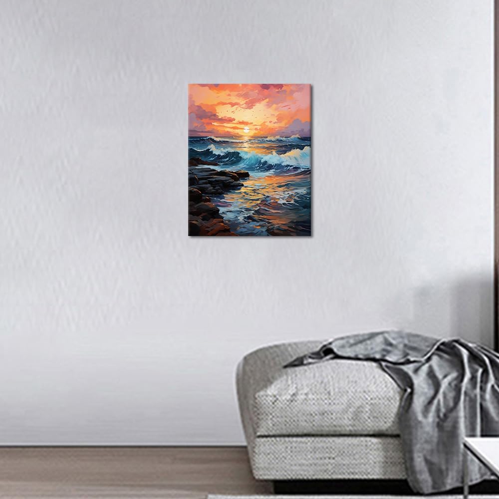 TUMOVO Sunset Over the Sea Paint by Numbers Kit for Adults, DIY Colorful Big Sea Acrylic Painting Kit with Brushes and Acrylic Pigment for Birthday Present Home Wall Decor 16x20in (Frameless)