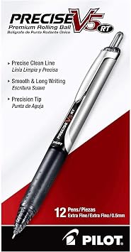 PILOT Precise V5 RT Refillable & Retractable Liquid Ink Rolling Ball Pens, Extra Fine Point 0.5mm Black Ink, 12-Pack 26062 Dozen Box, 1-Pack Black