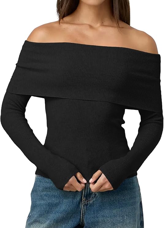 LILLUSORY Pull à épaules dénudées pour femme - Manches longues - Automne - Rayé - En tricot - Tenue de soirée Y2K