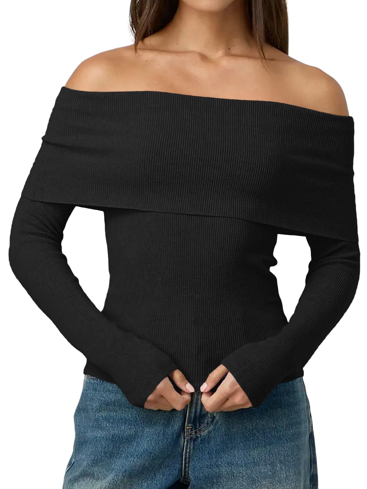 LILLUSORY Womens Off The Shoulder Sweater Fall Long Sleeve Going Out Y2k Tops Winter Date Night Outfits