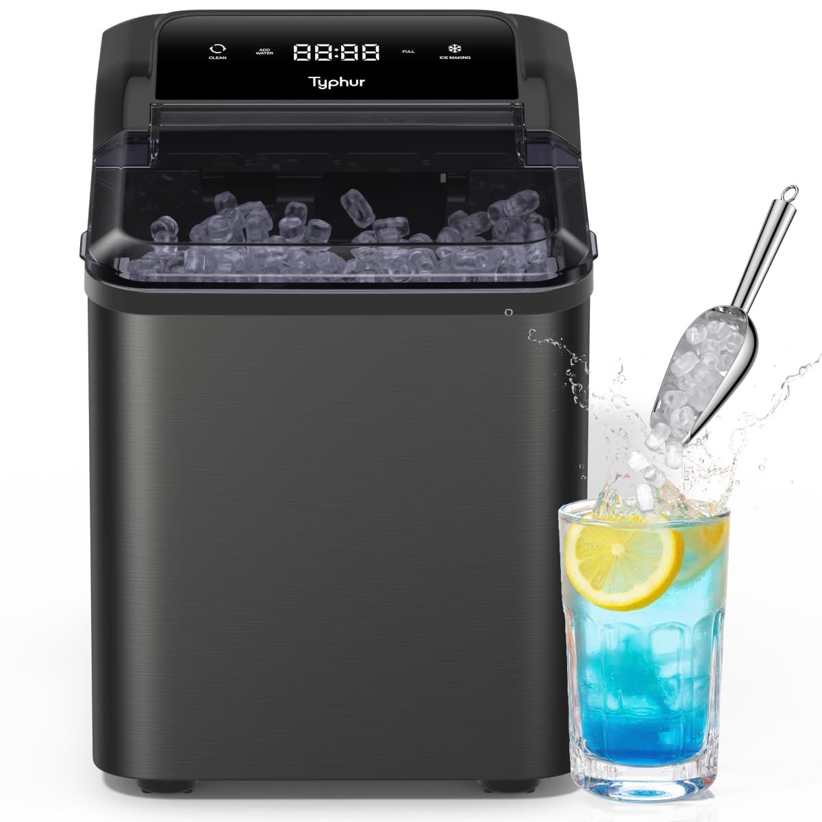Typhur Fast Nugget Ice Maker Countertop, Self-Cleaning Chewable Ice Machine &amp; 8-Pack Cleaners, LED Display, Produces 35 lbs/Day Soft Pebble Ice, Perfect for Kitchen, RV and Bar (Metallic Black)
