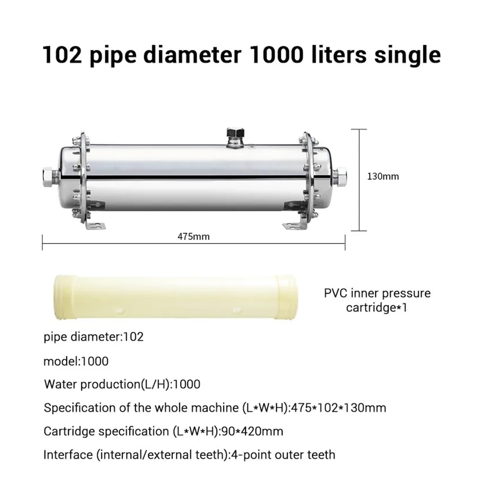 Filtro de Agua Acero Inoxidable 304 PVDF, purificador ultrafiltración, Potable for el hogar, función Lavable con Alta tasa de filtración(1000L)