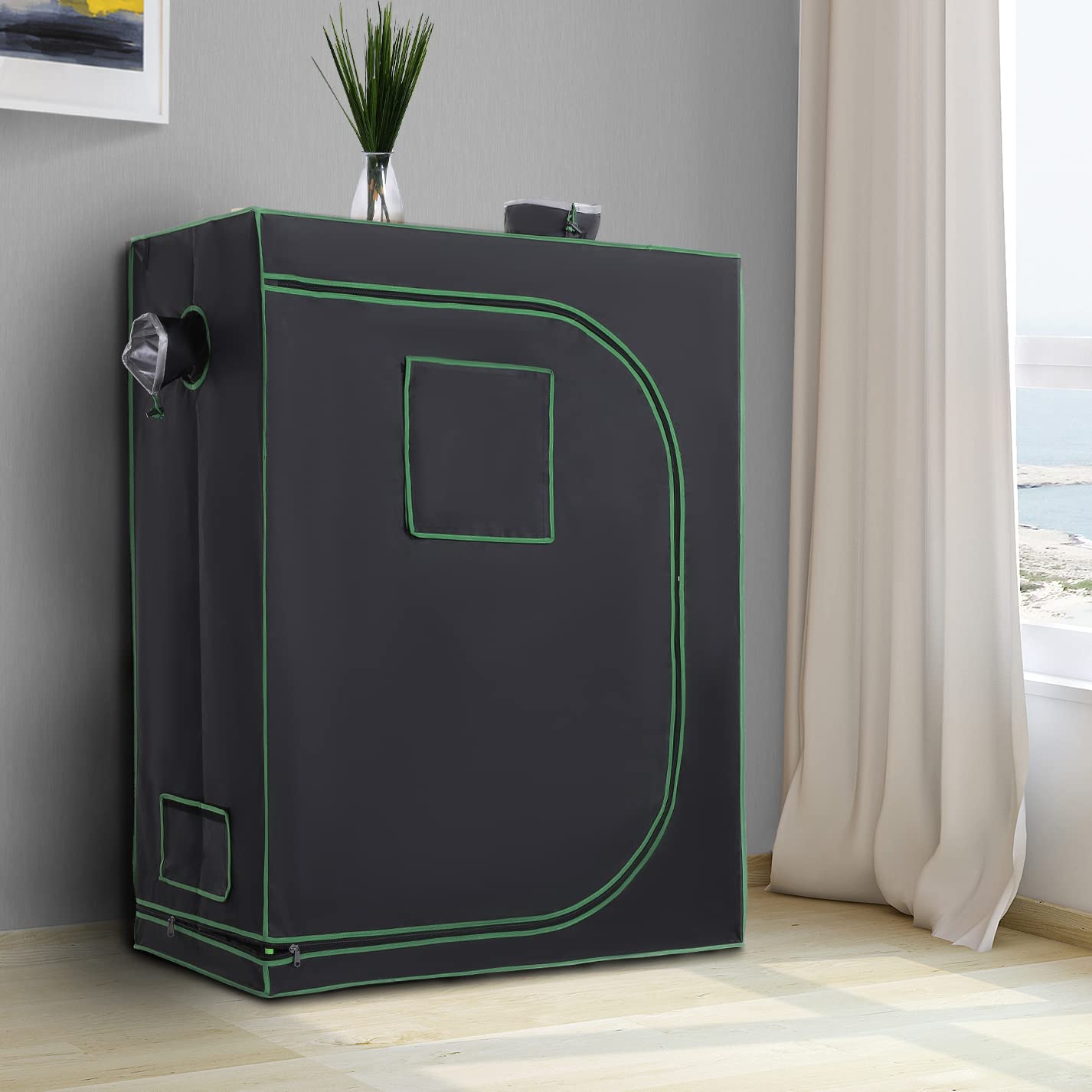 Outsunny Tienda Hidropónica Oxford 600D con 3 Entradas de Aire Ajustables y Ventana, Invernadero Hidropónico de Interior con Agujero para Cables, 120x60x150 cm, Negro