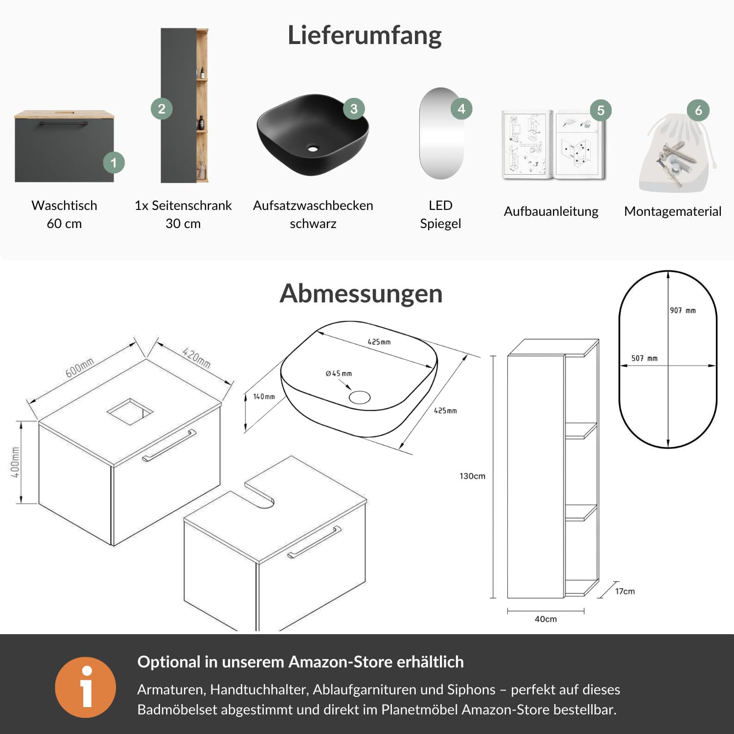 Planetmöbel Astra Badmöbel Set mit Waschtisch 60 cm mit 1x Seitenschrank Gold Eiche Anthrazit, Aufsatzwaschbecken 42 cm schwarz, Spiegel (mit LED) 50cm