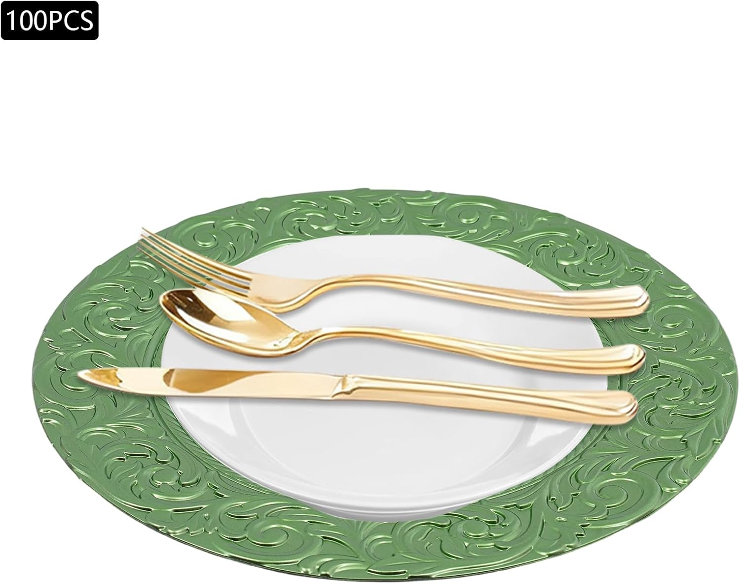 100 pcs Charger Plates, Round Embossed Reusable Serving Plates for Wedding Banquet Holiday Party, Green Decorative Dinnerware