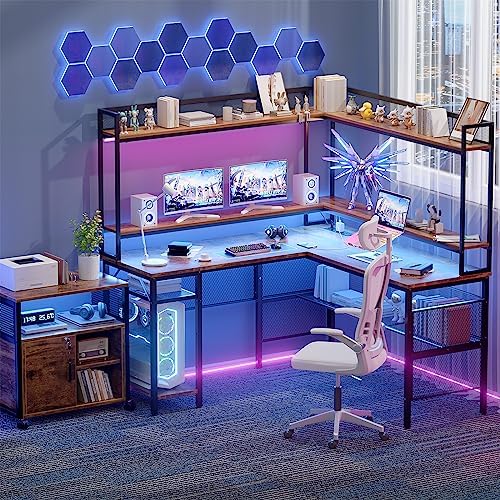 Unikito L Shaped Gaming Desk with Led Light, Reversible Computer Desk with Storage Shelves & Monitor Stand, L Shaped Desk with Power Outlet, Industrial 2 Person Home Office Work Desk, Rustic Brown