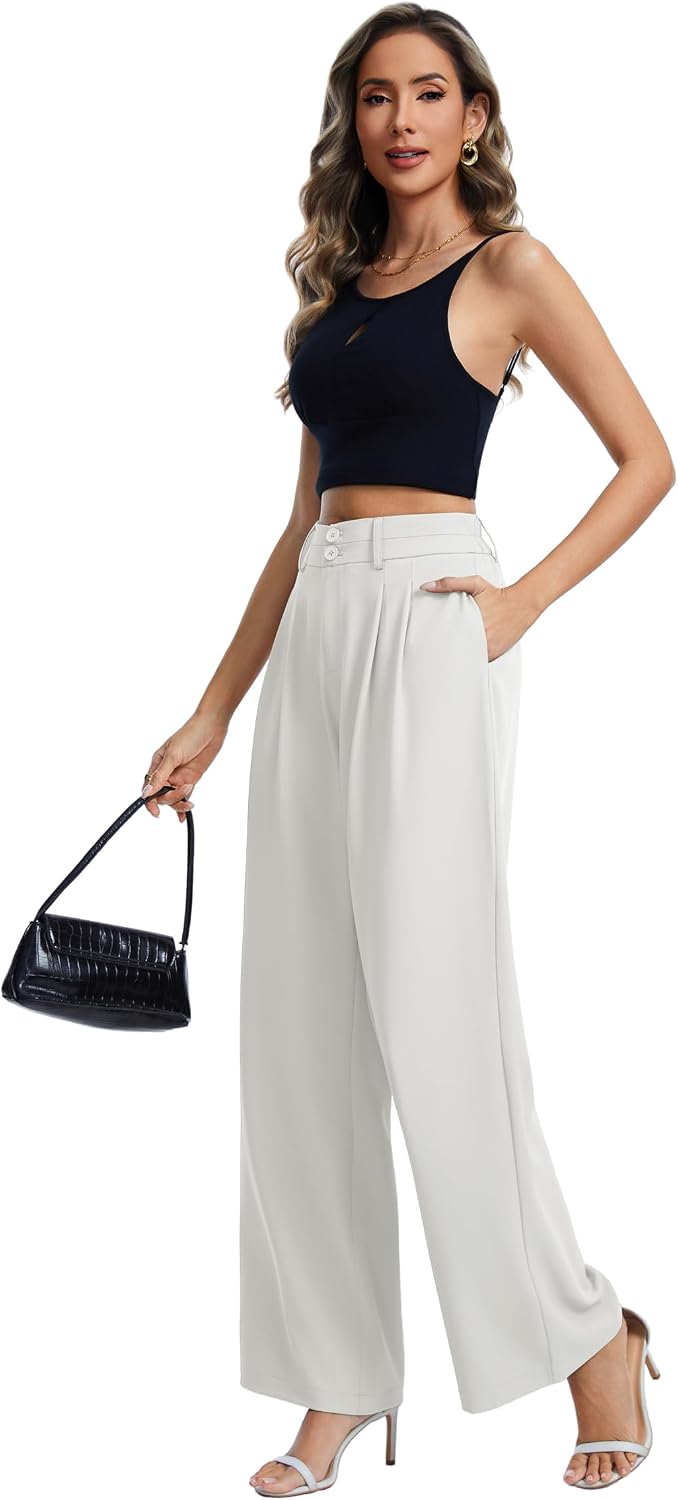 Women's Wide Leg Business Casual Pants High Waisted Straight Leg Work Trousers with Pockets