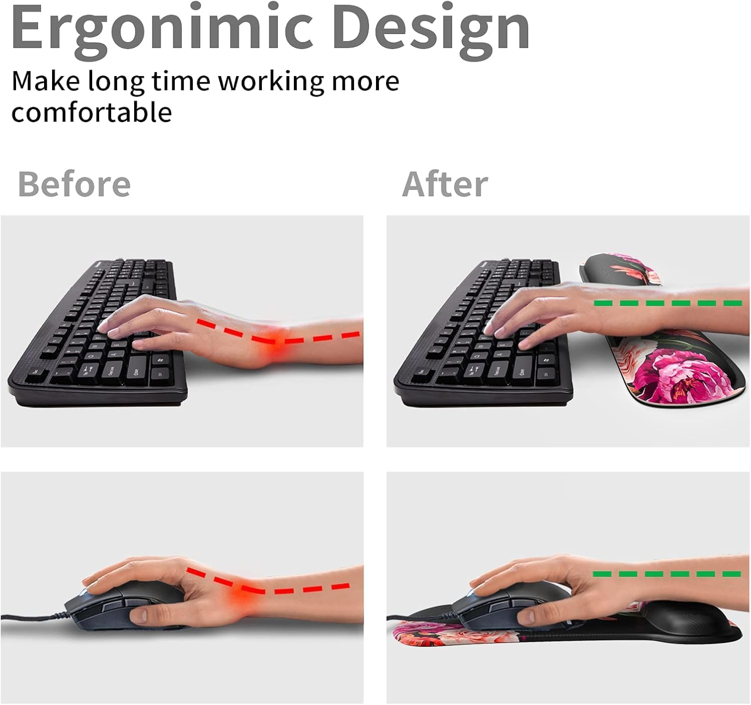 Wrist Rest Support Ergonomic Gel Mouse Pad & Memory Foam Keyboard Set Non-Slip Rubber PU Base Easy Typing and Relieve Wrist Pain Mouse Mat for Computer Office - Adorable Peony Flower image 4