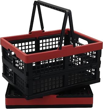 Idomy Pack of 2 Collapsible Storage Crates with Handles, Plastic Grocery Shopping Baskets