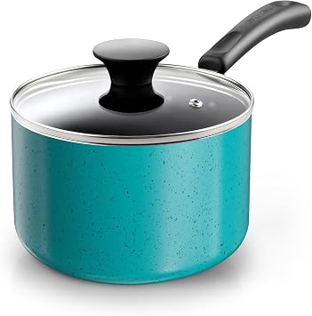 Cook N Home Basic 1 Quart Nonstick Saucepan with Glass Lid, Small Non Stick Aluminum Sauce Pan, Multi-Purpose Milk Chocolate Cooking Pot with Stay-Cool Handle, Turquoise