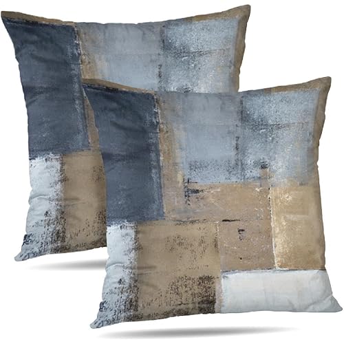Grey and Brown Throw Pillows Covers Blue Abstract Art Painting Aesthetic Modern Square Decorative Pillow Covers Soft Throw Pillows for Couch Sofa Bedroom 18X18 Inches, Set of 2