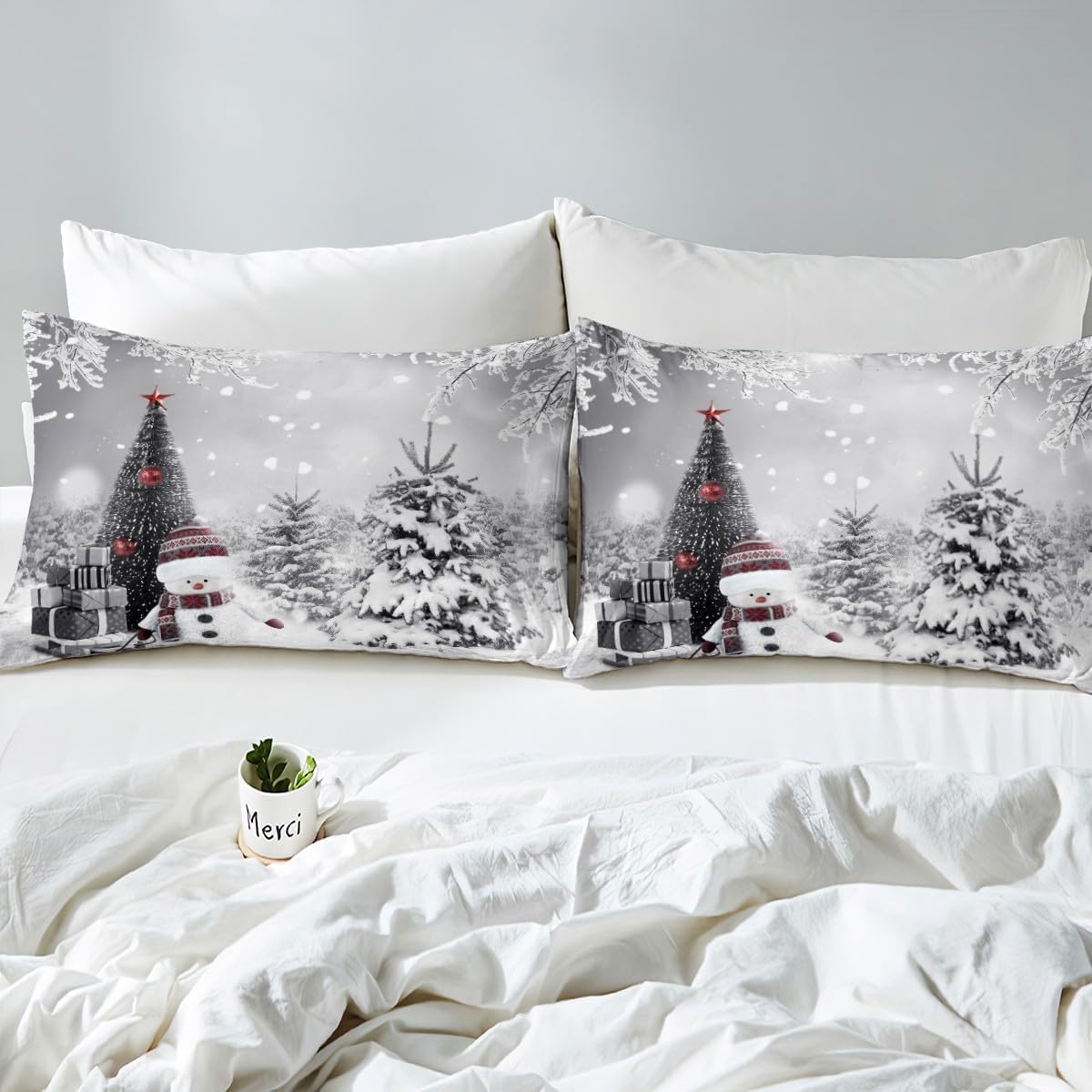 Snowman Bedding Set 3 Piece Happy New Year Xmas Duvet Cover Winter Themed Comforter Cover Merry Christmas Themed Bedspread Cover for Girls Boys Kids Christmas Eve Bedding Queen Size