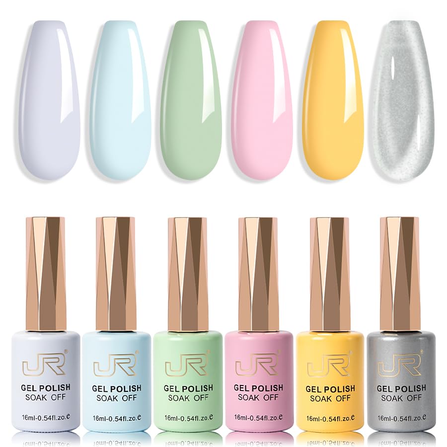 JR Gel Nail Polish Set, 16ml Full Size Bottle 6 Colors Macaron Silver 9D Cateye Nail Gel Polish Gift Soak Off Led Nail Art Kit Salon DIY Colorful Bottle C 154C 0.54 Fl Oz (Pack of 6)