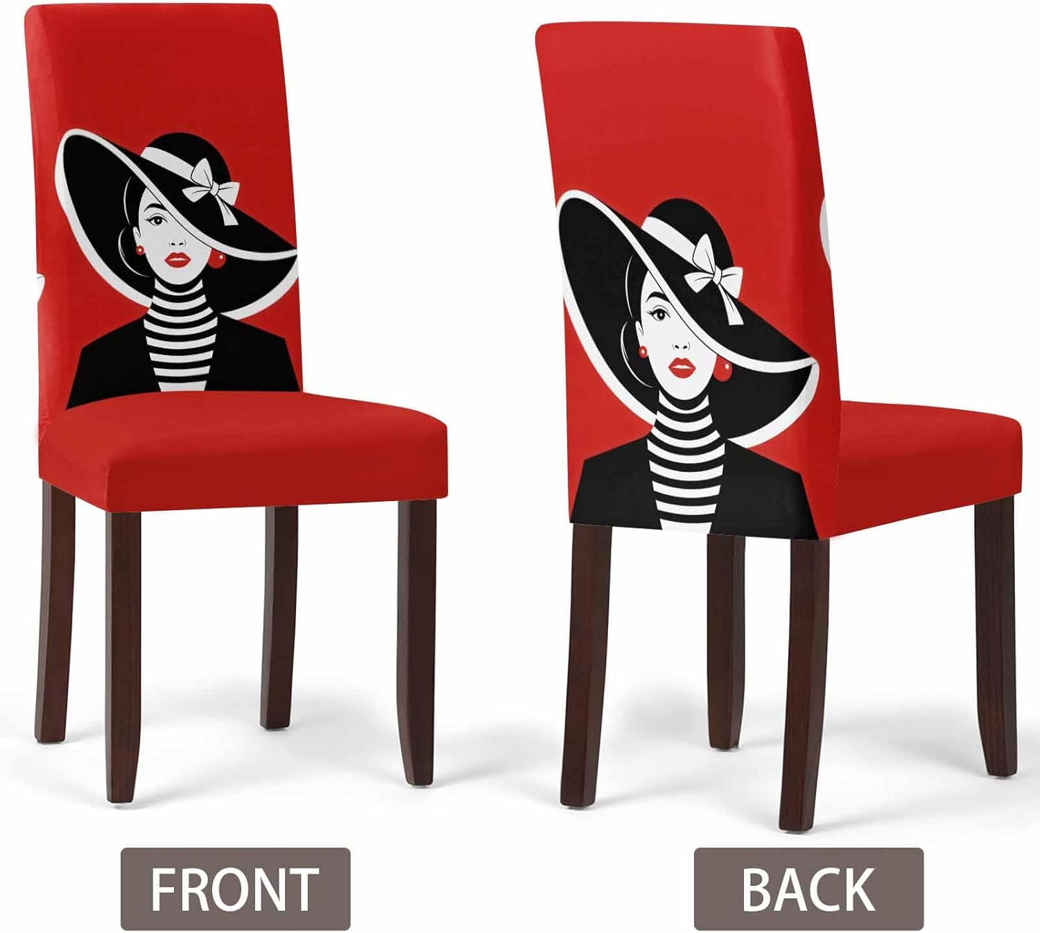 Chair Covers for Dining Room Fashion Girl Wearing Black Hat Stretch Chairs Slipcovers Removable Washable Seat Protector Black White Red Seat Cushion Cover for Home Hotel Party Decor,4PCS