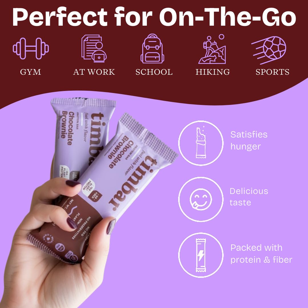 timbar Plant-Based Protein Bars, Chocolate Brownie | 14g Plant Protein, 8g Prebiotic Fiber | Gluten, Dairy & Egg Free, Non-GMO, No Sugar Alcohols (12 Pack)