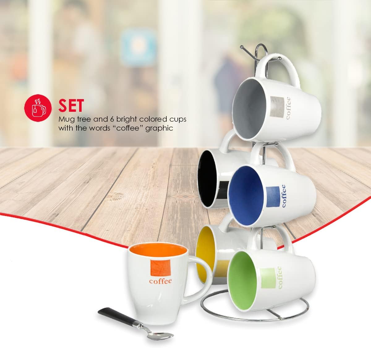 Home Basics Adorable Multicolor Mugs with Coffee Stand (6 Piece), 11 oz.