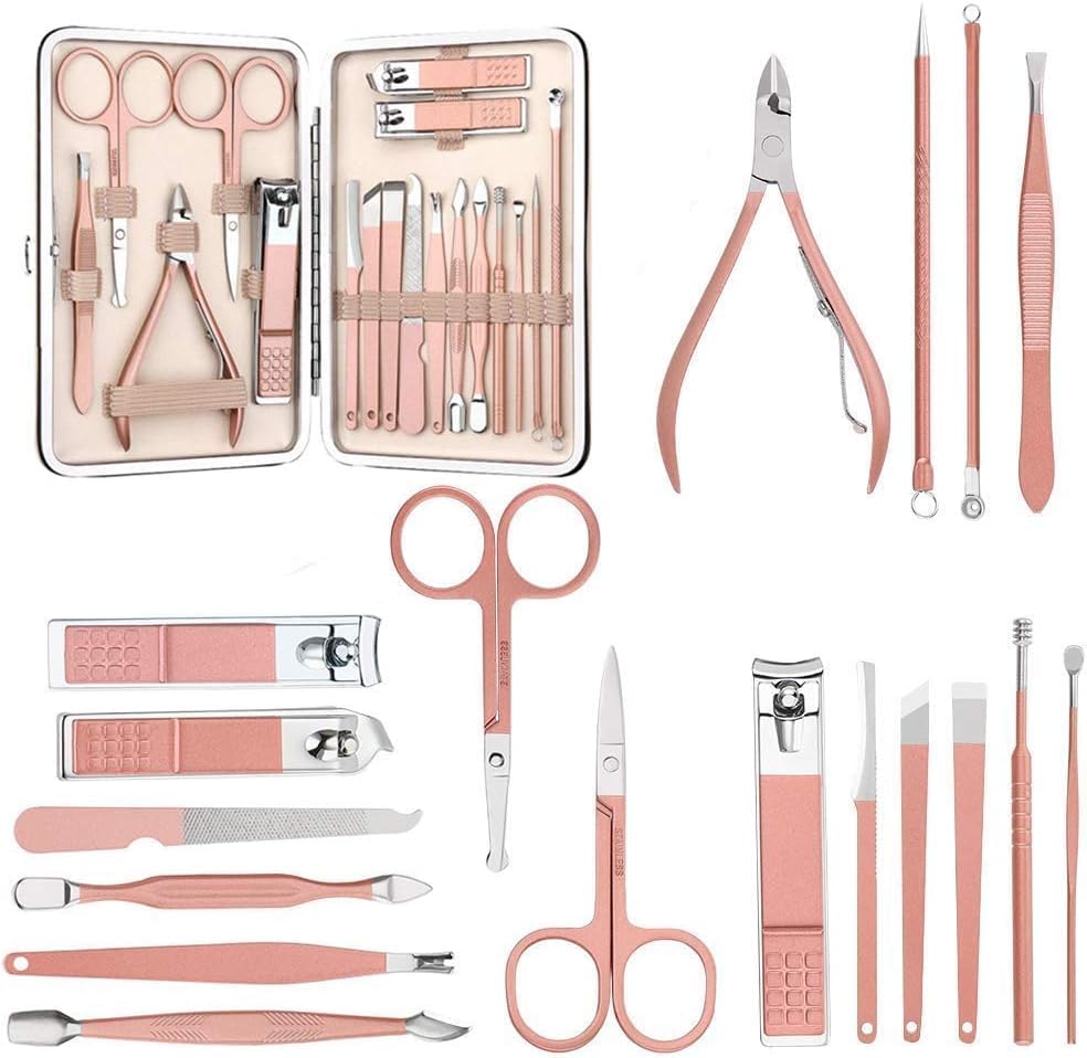Image of WEZOSHINET Manicure Set Professional Nail Clippers Pedicure Kit, 18 pcs Stainless Steel Nail Care Tools Grooming Kit with Luxurious Travel Leather Case for Thick Nails Men Women Gift (Rose Gold)
