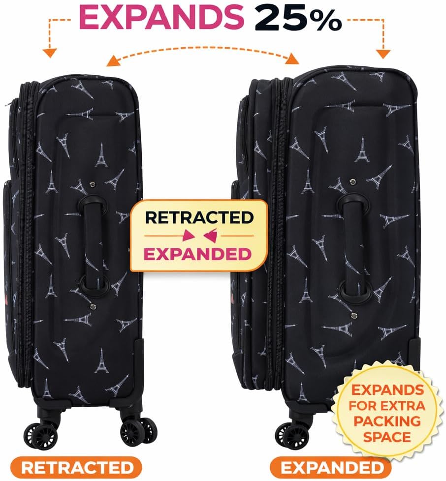 Karriage-Mate Betty Boop 4-Piece Softside Luggage Set, Expandable Spinner Wheels, Paris Eiffel Tower Print, 20"/24"/28"/32" Checked Travel Bags (PR)