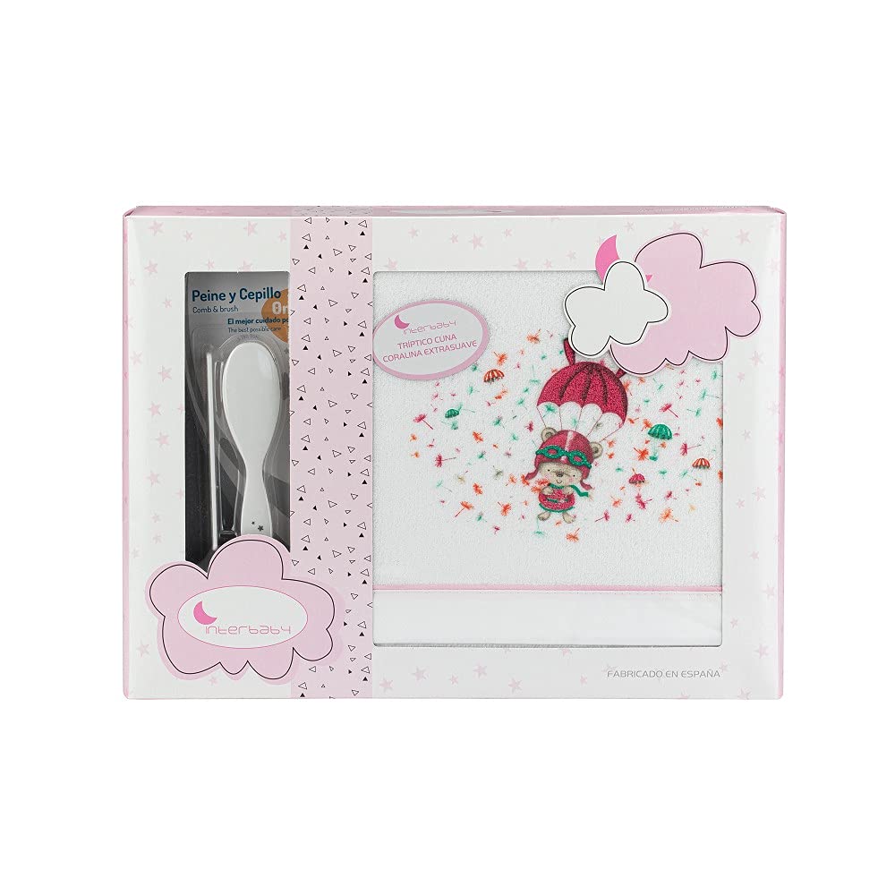 Interbaby Sábanas Cuna Invierno 3 Piezas de Coralina Extrasuave (Bajera Ajustable, encimera y Funda de Almohada) (Paracaidas BCO Rosa)
