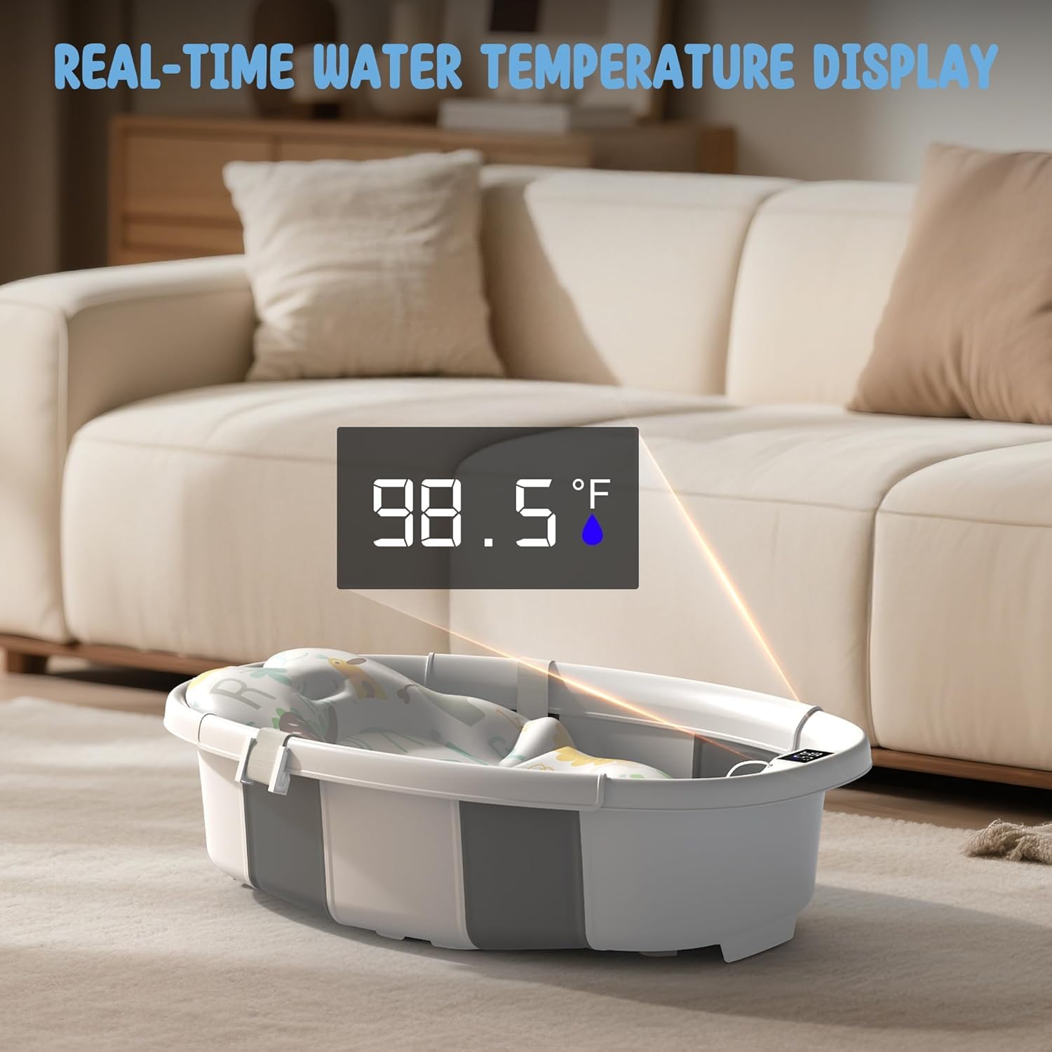 Bañera plegable para bebé con termómetro de detección de temperatura en tiempo real, juguete de baño gratis con almohadilla de cojín