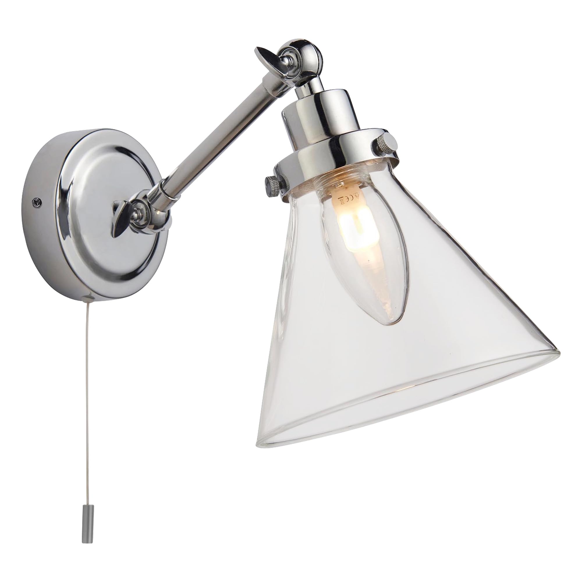 National Lighting Teepee Wall Light - Chrome, IP44 Bathroom Wall Light with Pull Cord with Glass Cone Shade - Adjustable Arm, Interior Wall Lights Fixture, G9 LED Compatible - 150-330mm Height