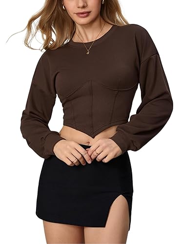 SweatyRocks Women's Corset Crop Sweatshirt Long Sleeve Hanky Hem Cropped