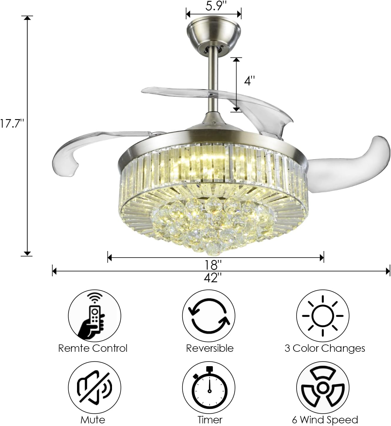 Retractable Ceiling Fan, 42inch Modern Ceiling Fans with Lights,6 Speeds Crystal Chandelier Fandelier Ceiling Fan with Reversible Motor for Bedroom Living Room