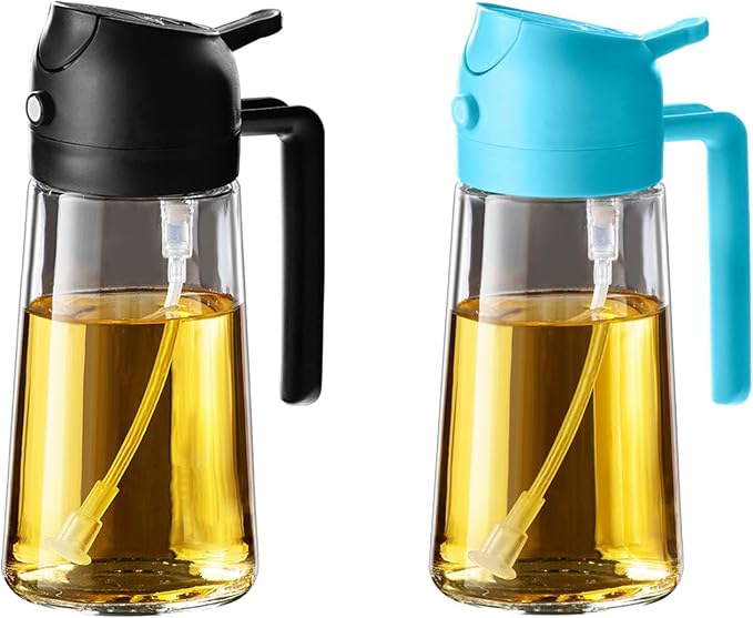 TrendPlain 16oz/470ml Olive Oil Sprayer for Cooking - 2 in 1 Olive Oil Dispenser for Kitchen Gadgets, Air Fryer, Salad, and BBQ - 2 Black