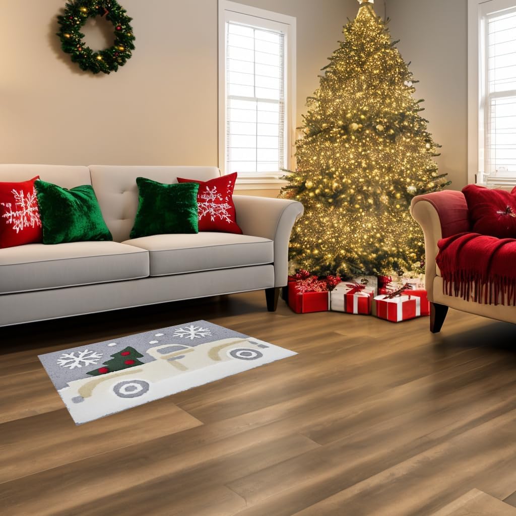 St. Nicholas Square Christmas White Truck Bathroom Rug, Retro Holiday Design, Seasonal Plush Cotton Pile Bath Mat, 20 x 30 Inches Rectangle, Multi Color