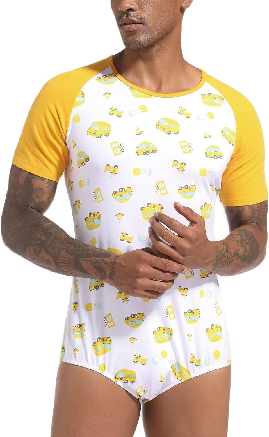 Landofgenie Men Print Onesie One-Piece Pajama Short Sleeve Shirt Leotard Bodysuit - Cartoon Car - Image 2