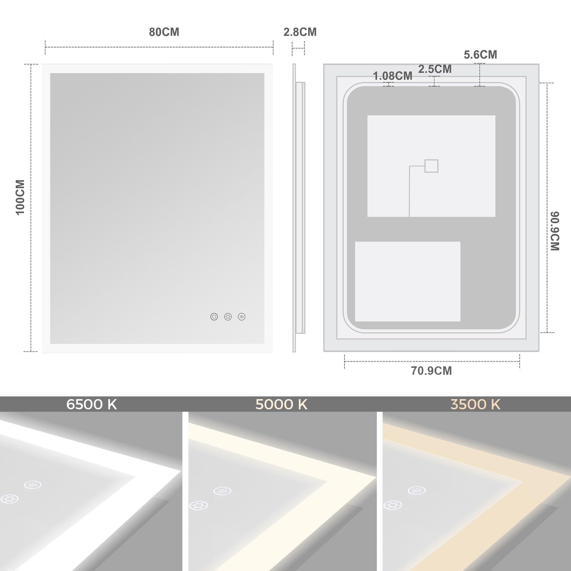 SANIVERRE TEMEO Miroir Mural LED Lumineux 80 x 100 cm réversible (2100 LMS) Tactile : antibuée + intensité et Couleur réglables - Salle de Bain