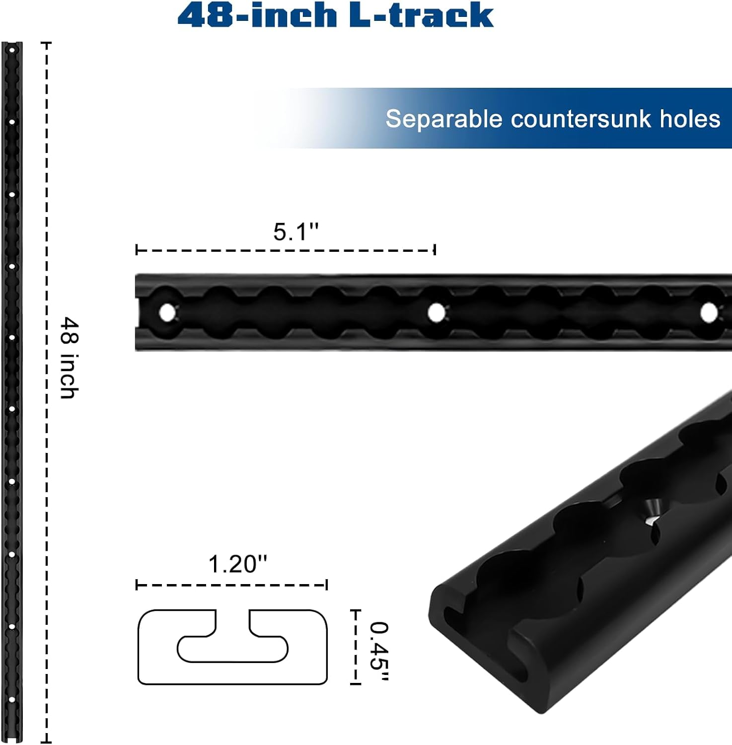 4PC 4ft Aluminum L-Track Tie Down System, 48" L Track Rail with 8 Black O-Ring Fittings & Mounting Screws, L Tracks Accessories for Motorcycles, RV, Pickup Truck, Open Trailer, ATV