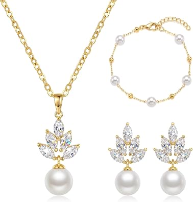 Wedding Jewelry Sets for Women/Brides/Bridesmaids, Cubic Zirconia Pearl Necklace Earrings Bracelet Set 18K Gold Plated Hypoallergenic Jewelry for Wedding Prom Party
