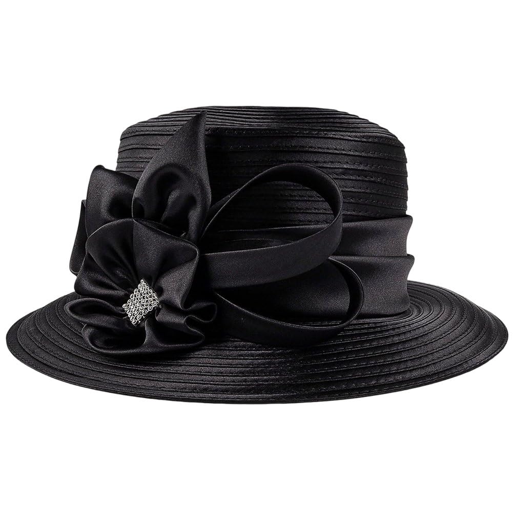 Sanfly Women's Black Party Church Derby Hat, Satin Cloth Flower Church Hat Banquet Fascinator Wedding Formal Hats For Evening Party Prom