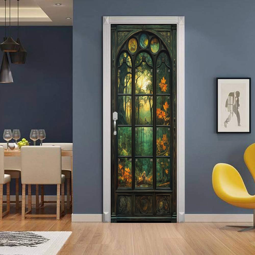REDAMANCY Vintage Dark Green Stained Glass Arch Landscape Autumn Forest Peel and Stick Door Stickers Vinyl Decals Decor Modern Self-Adhesive, Waterproof, Removable