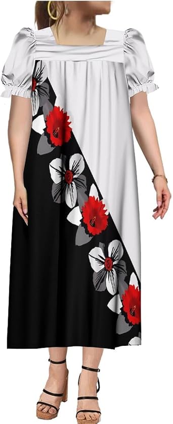 Micronesian Ethnic Casual Womens Puffy Sleeve Long Dress Polynesian Cute Print Womens Dress Mumu Beach Style