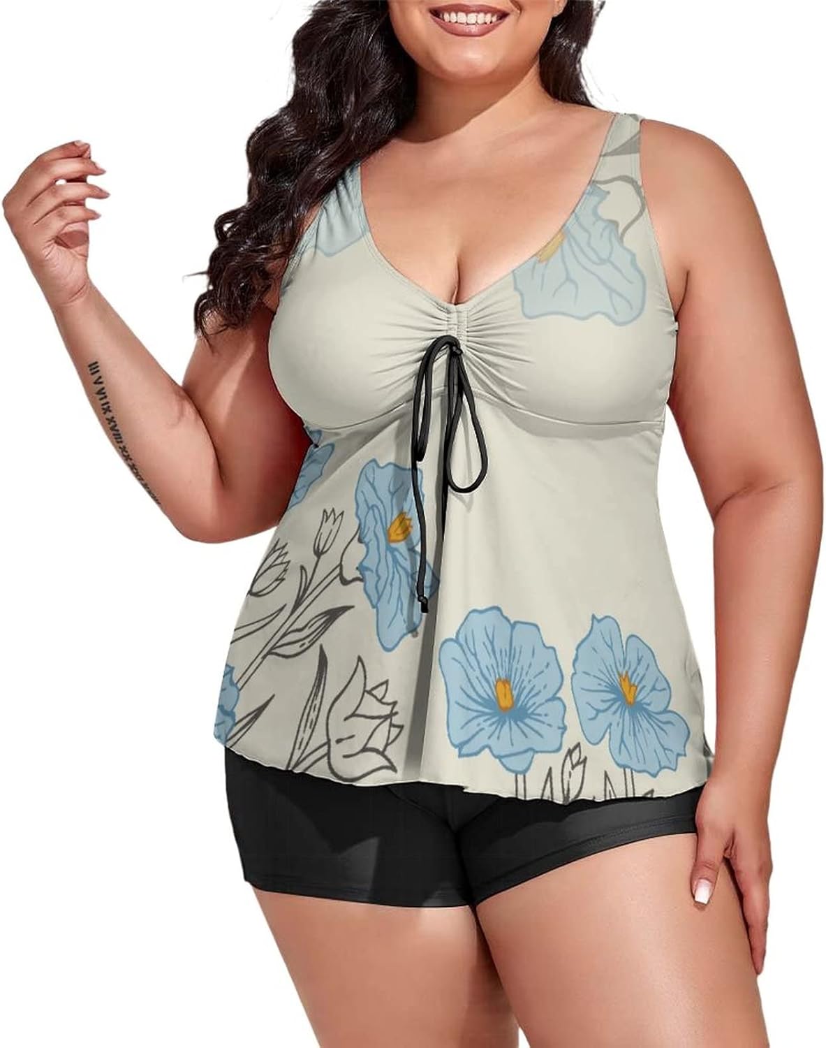 Two Piece Plus Size Tankini Swimsuits for Women Blue Floral Flower Seamless Pattern Bathing Suit Swim Top Shorts Spring Summer Flower Tummy Control Swimwear
